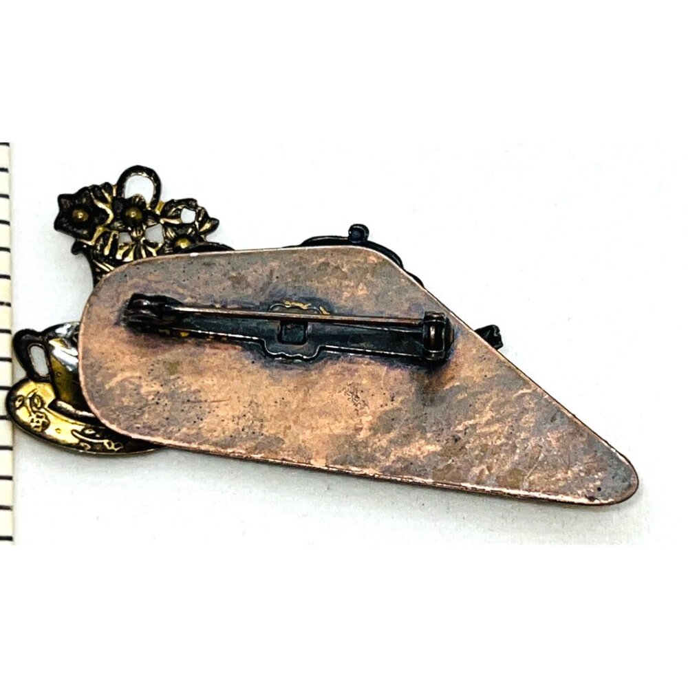 Vintage Copper & Brass Teapot Brooch With Floral Design & Rhinestone Accents - Picture 3 of 3